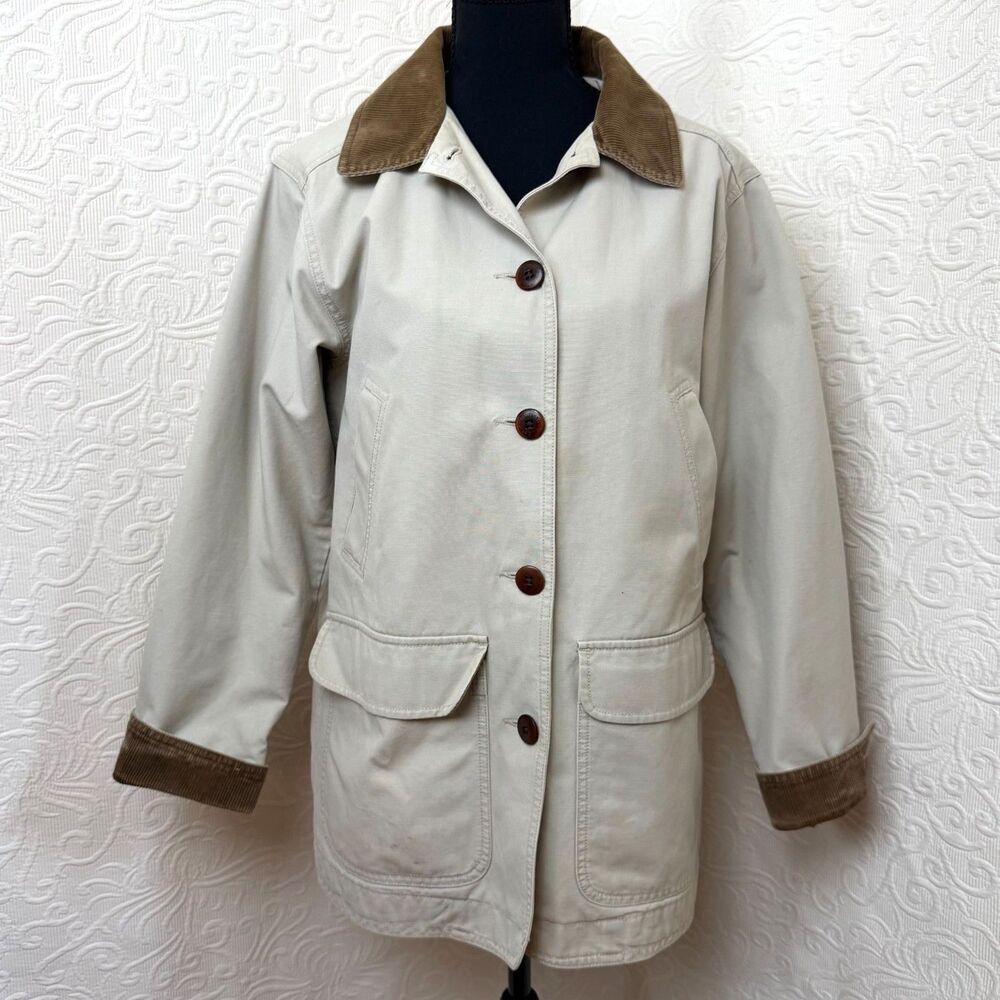 Vtg L.L. Bean Adirondack Flannel Lined Barn Jacket Field Coat Beige Heritage PS